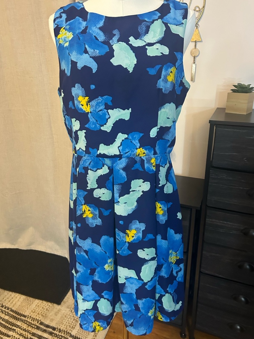 Charming Charlie Navy with Aqua & Light Blue Floral Sleeveless Dress